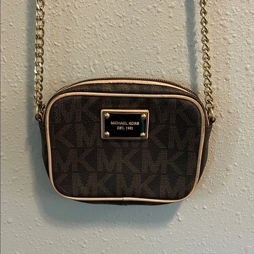 Michael Kors Brown Logo Crossbody with Gold Chain and Beige Trim